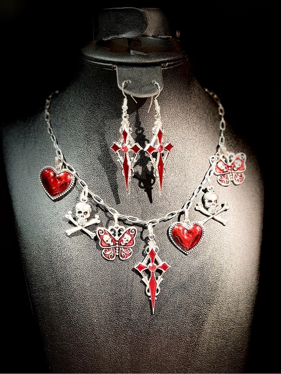 Jewelry - Red Enamel Gothic Charm Necklace & Earring Set